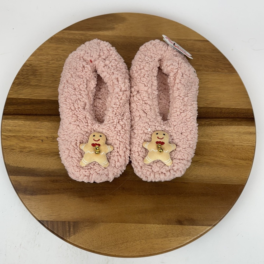 New Womens Abound Pink Gingerbread Bell‎ Fuzzy Lined Sleeping Slippers Size S/M